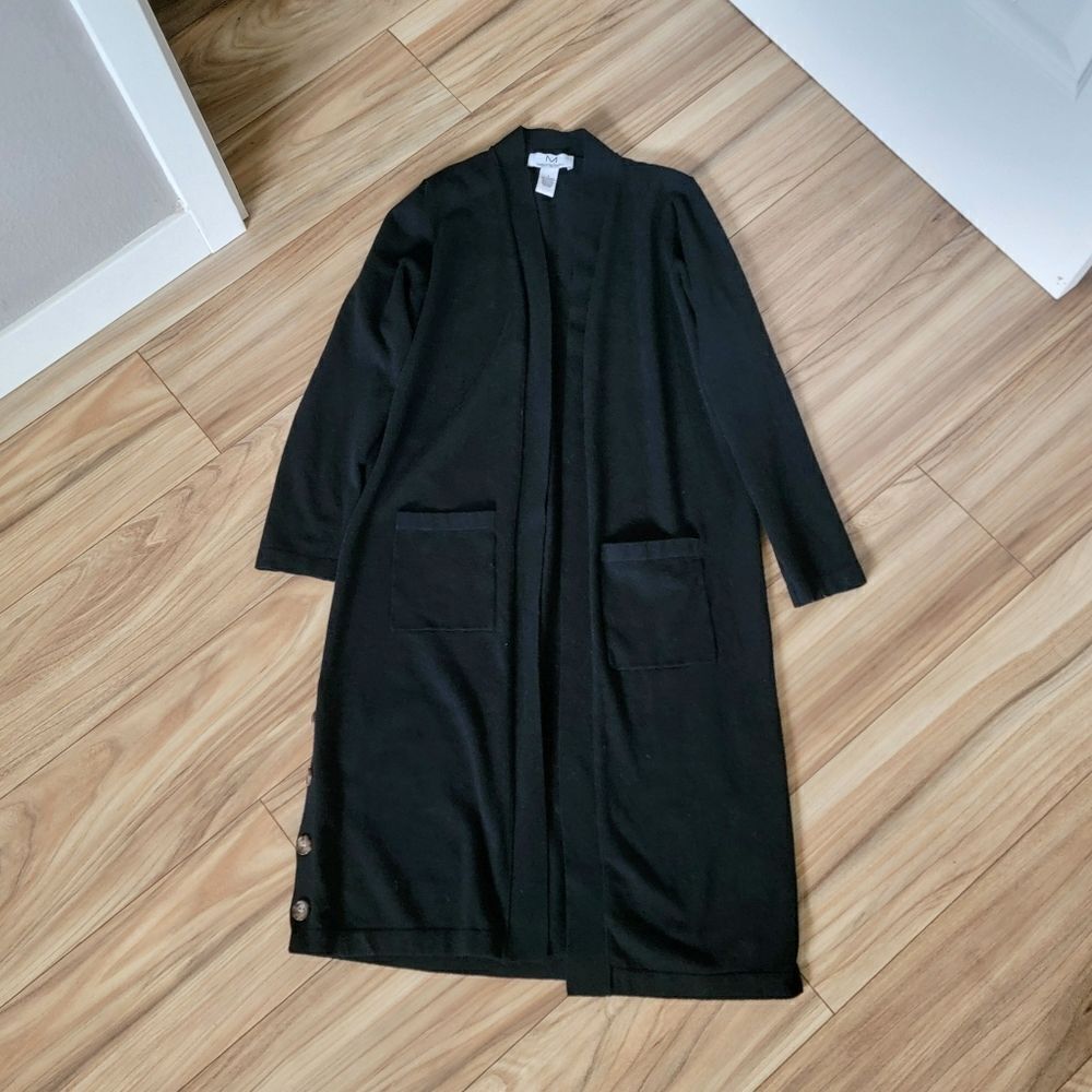 Magaschoni Supersoft Long Duster Button Hem Pocket Front Cardigan in Black